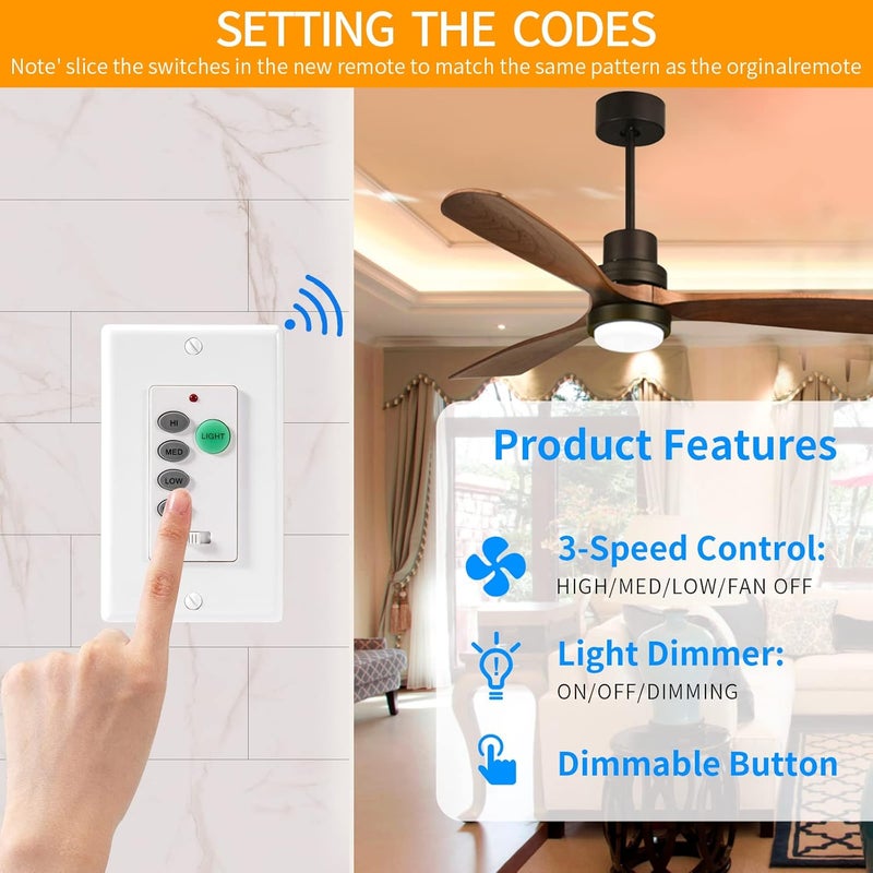 Humpptom Universal Ceiling Fan Remote Control, Ceiling Fan Wall Switch UC9050T, UC9050T Ceiling Fan Wall Remote Control Compatible with Hampton Bay Harbor Breeze Hunter - Image 3